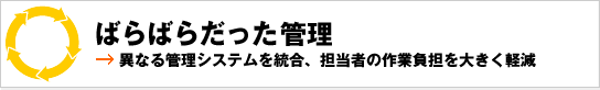 ばらばらだった管理
→異なる管理システムを統合、担当者の作業負担を大きく軽減